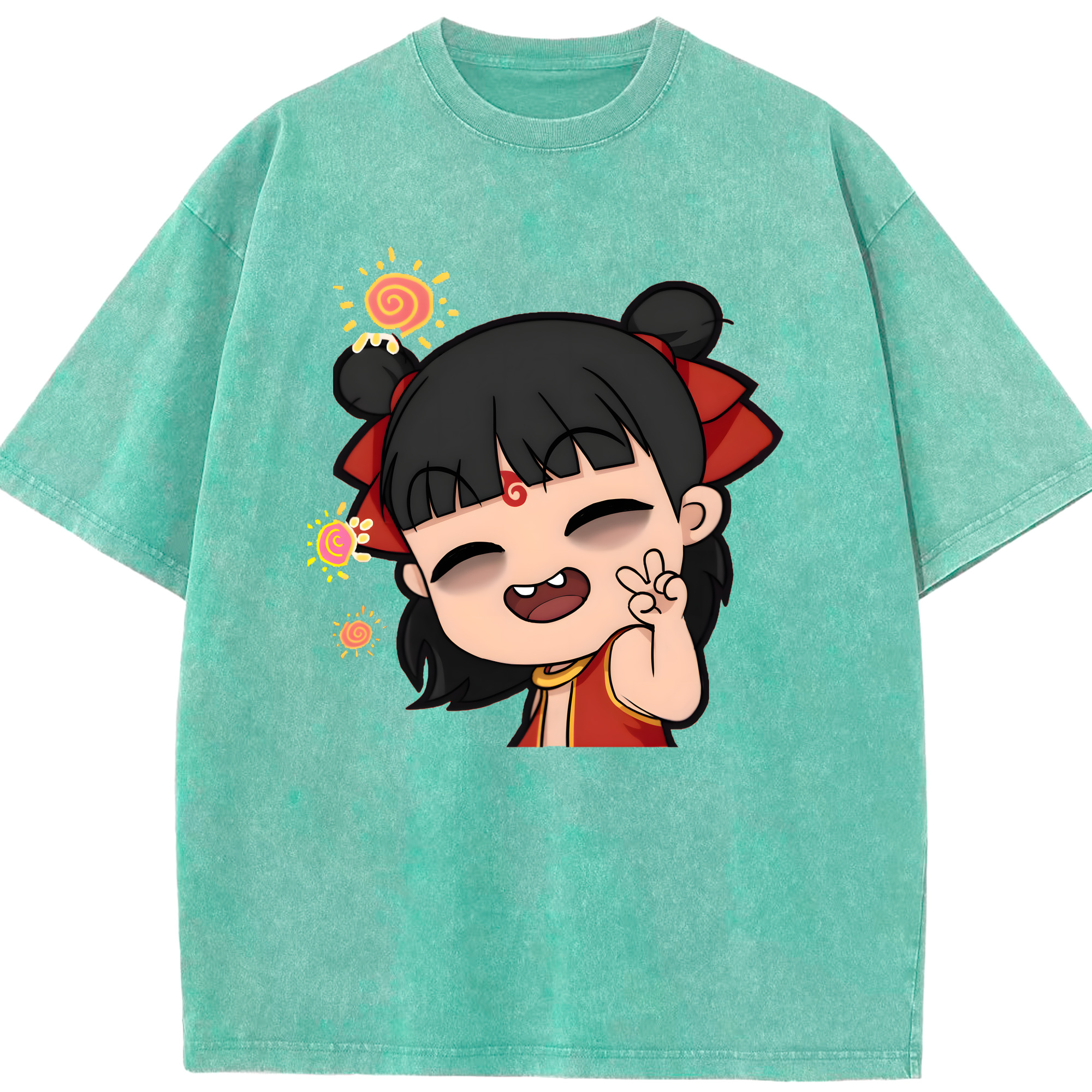 （画像用） Ne Zha 2 ナタ 魔童の大暴れ 綿100% ヴィンテージ風 半袖Tシャツ（フロントプリント）